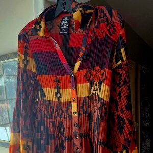 Gorgeous Vintage Boho Tribal pattern, sheer Point Zero pleated collar Sz L